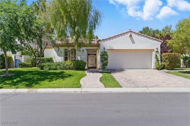 11775 Woodbrook Ct, Las Vegas, NV 89141 - view of front facade featuring a garage, driveway, stucco siding, a front lawn, and a tiled roof