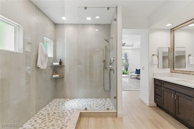 11775 Woodbrook Ct, Las Vegas, NV 89141 - full bathroom with vanity, walk in shower, recessed lighting, and wood finished floors
