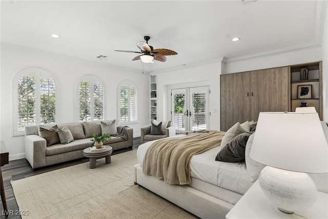 11775 Woodbrook Ct, Las Vegas, NV 89141 - bedroom with access to exterior, french doors, crown molding, multiple windows, and recessed lighting