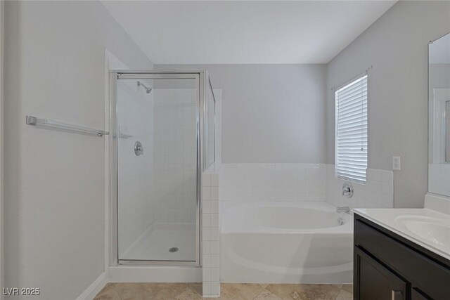 829 Dancing Vines Ave, Las Vegas, NV 89183 - full bathroom with a bath, a stall shower, vanity, and tile patterned flooring