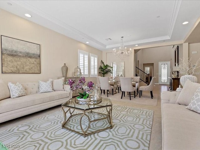 2400 Trissino Ct, Henderson, NV 89044 - living area with a chandelier, a raised ceiling, ornamental molding, recessed lighting, and stairs
