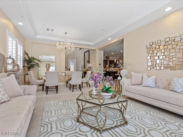 2400 Trissino Ct, Henderson, NV 89044 - living room with a chandelier, light carpet, ornamental molding, a tray ceiling, and recessed lighting