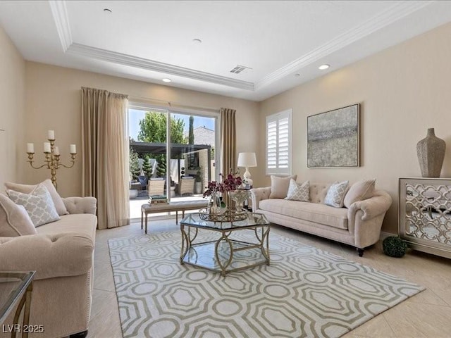 2400 Trissino Ct, Henderson, NV 89044 - living area featuring a raised ceiling, crown molding, recessed lighting, and tile patterned floors