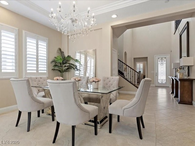 2400 Trissino Ct, Henderson, NV 89044 - dining area featuring a chandelier, baseboards, stairway, ornamental molding, and recessed lighting