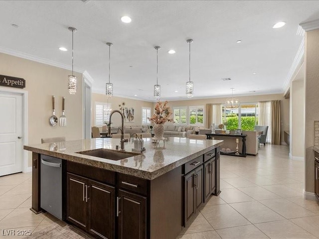 2400 Trissino Ct, Henderson, NV 89044 - kitchen with a sink, crown molding, a kitchen island with sink, light tile patterned floors, and dishwasher