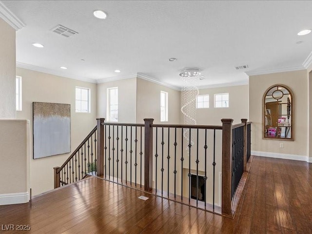 2400 Trissino Ct, Henderson, NV 89044 - hallway with hardwood / wood-style floors, recessed lighting, an upstairs landing, plenty of natural light, and crown molding