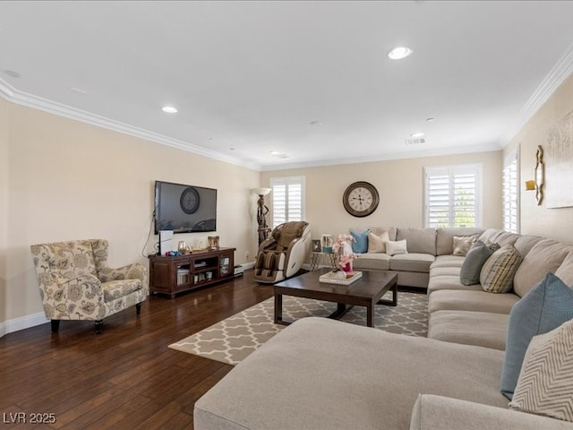 2400 Trissino Ct, Henderson, NV 89044 - living room with dark wood finished floors, ornamental molding, recessed lighting, and baseboards