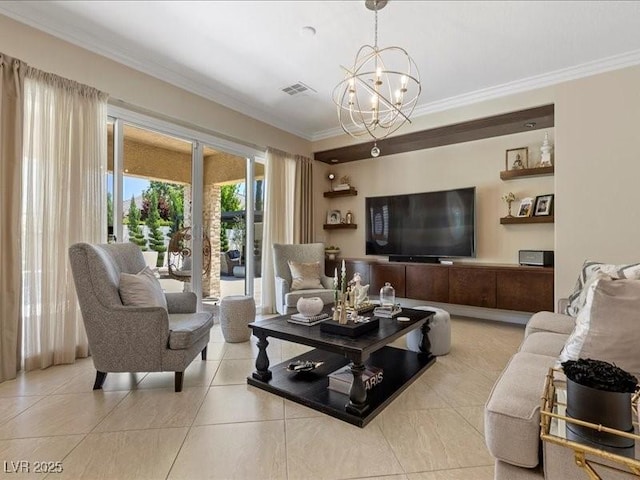 2400 Trissino Ct, Henderson, NV 89044 - tiled living room featuring a chandelier and crown molding