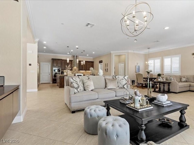 2400 Trissino Ct, Henderson, NV 89044 - living area featuring a chandelier, crown molding, recessed lighting, light tile patterned floors, and baseboards