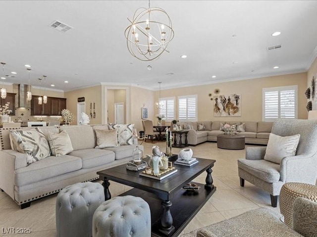 2400 Trissino Ct, Henderson, NV 89044 - living room featuring a chandelier, ornamental molding, light tile patterned floors, and recessed lighting