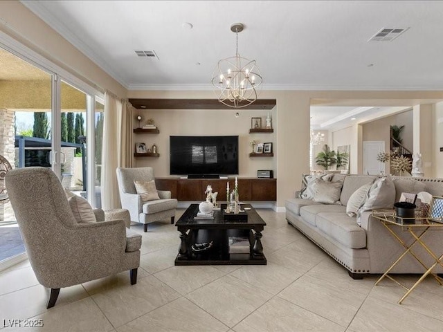 2400 Trissino Ct, Henderson, NV 89044 - living room with a chandelier, light tile patterned flooring, and crown molding