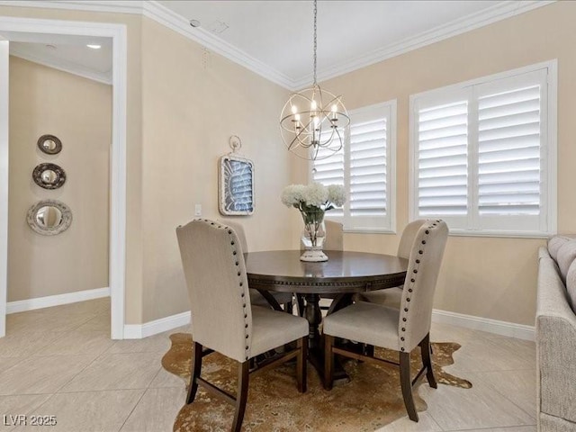 2400 Trissino Ct, Henderson, NV 89044 - dining room with a chandelier, light tile patterned flooring, crown molding, and plenty of natural light