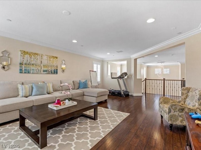 2400 Trissino Ct, Henderson, NV 89044 - living area featuring crown molding, hardwood / wood-style floors, recessed lighting, a chandelier, and baseboards