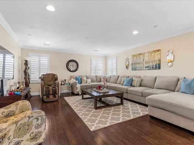 2400 Trissino Ct, Henderson, NV 89044 - living room featuring healthy amount of natural light, ornamental molding, hardwood / wood-style flooring, recessed lighting, and baseboards