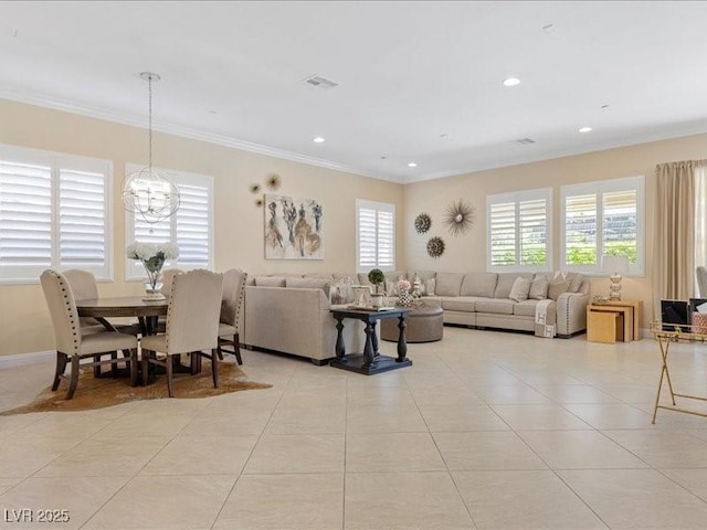 2400 Trissino Ct, Henderson, NV 89044 - living room with ornamental molding, light tile patterned floors, recessed lighting, and a chandelier