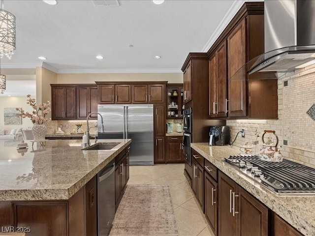 2400 Trissino Ct, Henderson, NV 89044 - kitchen featuring wall chimney exhaust hood, stainless steel appliances, backsplash, a sink, and light tile patterned floors