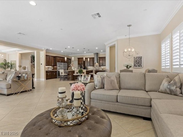 2400 Trissino Ct, Henderson, NV 89044 - living area featuring light tile patterned floors, a chandelier, crown molding, and recessed lighting