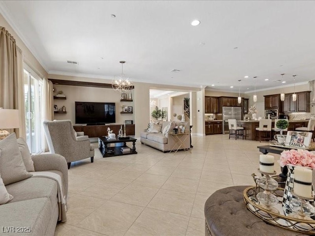 2400 Trissino Ct, Henderson, NV 89044 - living area with light tile patterned flooring, a chandelier, crown molding, and recessed lighting