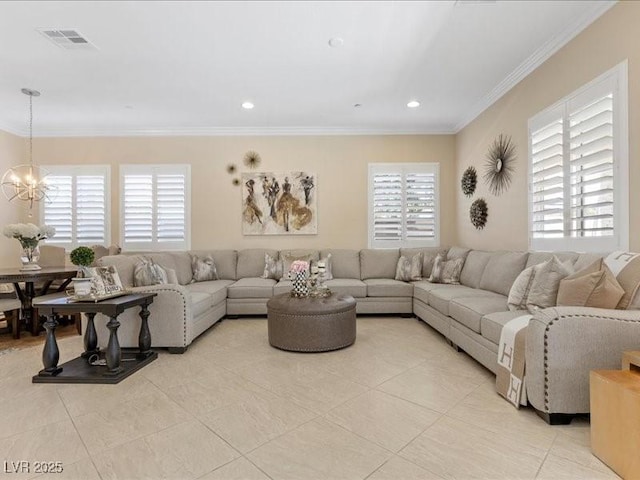 2400 Trissino Ct, Henderson, NV 89044 - living area featuring ornamental molding, light tile patterned floors, a chandelier, and recessed lighting