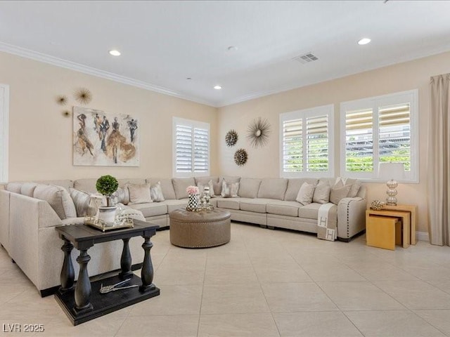 2400 Trissino Ct, Henderson, NV 89044 - living area with ornamental molding, light tile patterned floors, and recessed lighting