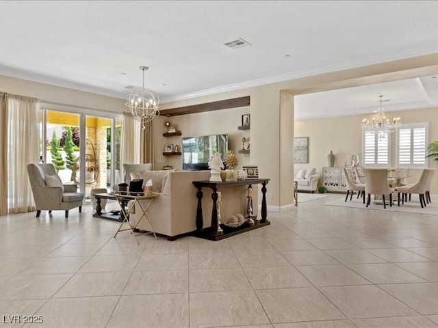 2400 Trissino Ct, Henderson, NV 89044 - living area featuring a chandelier, light tile patterned flooring, and crown molding