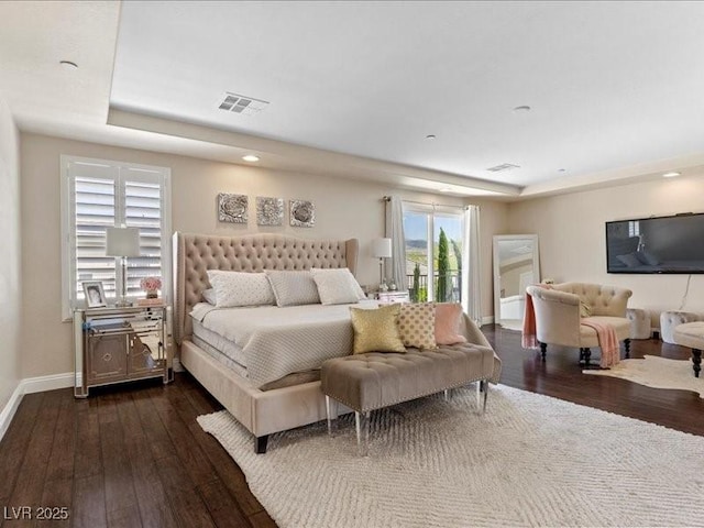 2400 Trissino Ct, Henderson, NV 89044 - bedroom featuring dark wood-style floors, a raised ceiling, baseboards, and recessed lighting