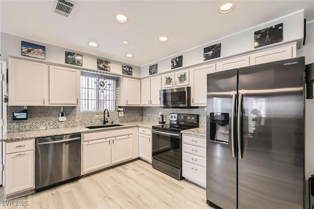 2725 S Nellis Blvd Unit 2084, Las Vegas, NV 89121 - kitchen with stainless steel appliances, a sink, light wood-style flooring, decorative backsplash, and white cabinets