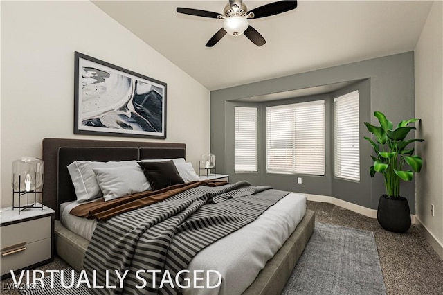10309 Georgetown Pl, Las Vegas, NV 89134 - bedroom featuring carpet floors, baseboards, vaulted ceiling, and a ceiling fan
