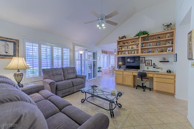 2437 Desert Butte Dr, Las Vegas, NV 89134 - living room with light tile patterned flooring, high vaulted ceiling, and a ceiling fan