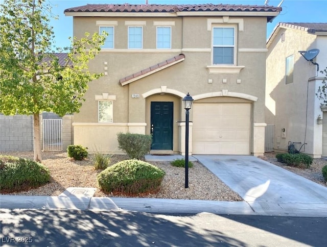 7249 Old Glory St, Las Vegas, NV 89148 - view of front of house with stucco siding, a tile roof, an attached garage, and concrete driveway