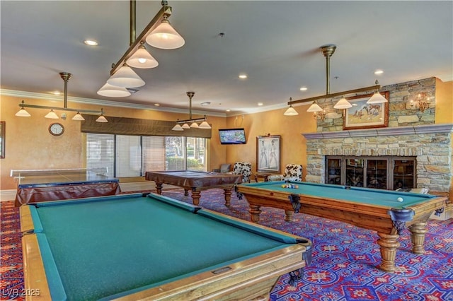 74 Harbor Coast St, Las Vegas, NV 89148 - recreation room with billiards table, ornamental molding, a stone fireplace, and recessed lighting
