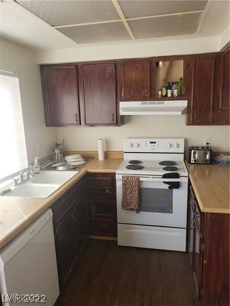 4770 Topaz St Unit 79, Las Vegas, NV 89121 - kitchen with white appliances, under cabinet range hood, a sink, dark wood-style flooring, and light countertops