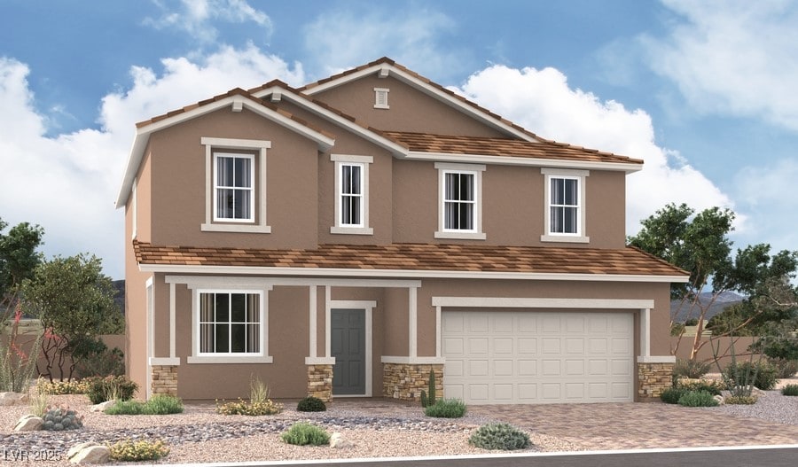 9836 Blazek Bluff Ave, Las Vegas, NV 89178 - traditional home with stone siding, a garage, and stucco siding
