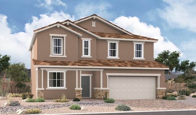 9836 Blazek Bluff Ave, Las Vegas, NV 89178 - traditional home with stone siding, a garage, and stucco siding