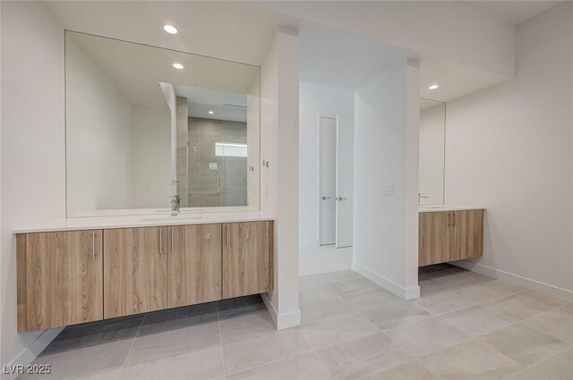 1600 Pleasant Bay Ct, Henderson, NV 89011 - full bathroom featuring vanity, a stall shower, baseboards, recessed lighting, and tile patterned floors