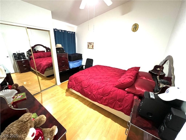 1860 Banaba Ln, Las Vegas, NV 89156 - bedroom with lofted ceiling, wood finished floors, a closet, and ceiling fan