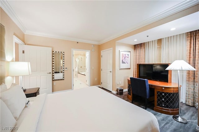 135 E Harmon Ave Unit 2420, Las Vegas, NV 89109 - bedroom featuring wood finished floors, crown molding, baseboards, ensuite bathroom, and recessed lighting