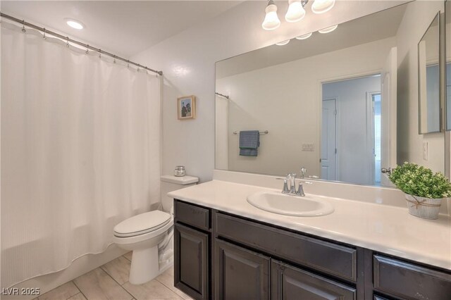 12286 Silvana St, Las Vegas, NV 89141 - bathroom with vanity, toilet, shower / bathtub combination with curtain, and tile patterned floors