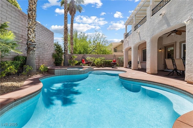 820 Colina Alta Pl, Las Vegas, NV 89138 - view of swimming pool with a fenced backyard, ceiling fan, a pool with connected hot tub, and a patio