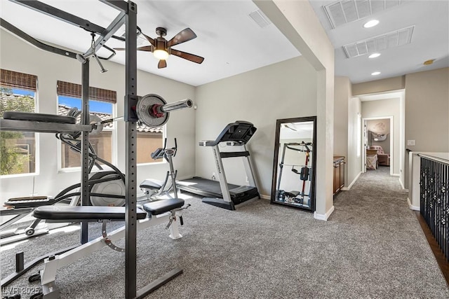 820 Colina Alta Pl, Las Vegas, NV 89138 - exercise room with recessed lighting, ceiling fan, baseboards, and carpet flooring