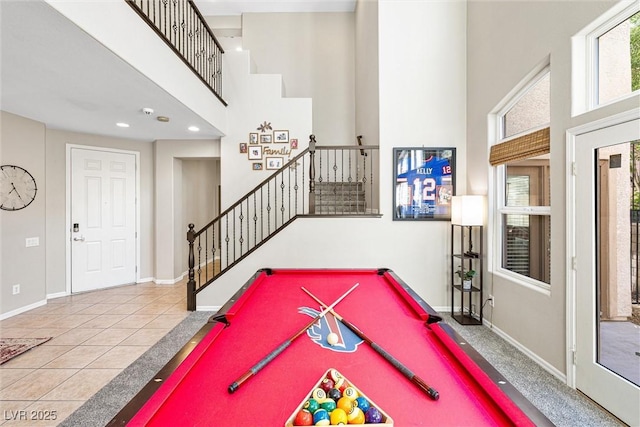 820 Colina Alta Pl, Las Vegas, NV 89138 - game room with a high ceiling, billiards, baseboards, tile patterned flooring, and recessed lighting