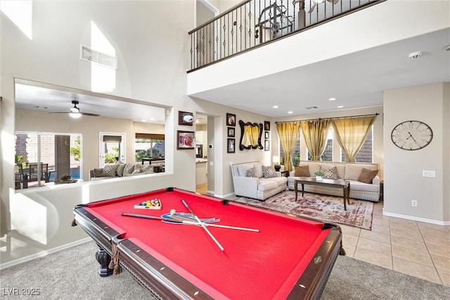 820 Colina Alta Pl, Las Vegas, NV 89138 - rec room featuring pool table, baseboards, a ceiling fan, carpet, and a high ceiling