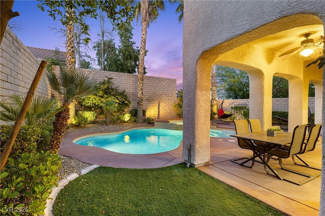 820 Colina Alta Pl, Las Vegas, NV 89138 - view of pool with a fenced backyard, a patio area, a ceiling fan, and a pool with connected hot tub