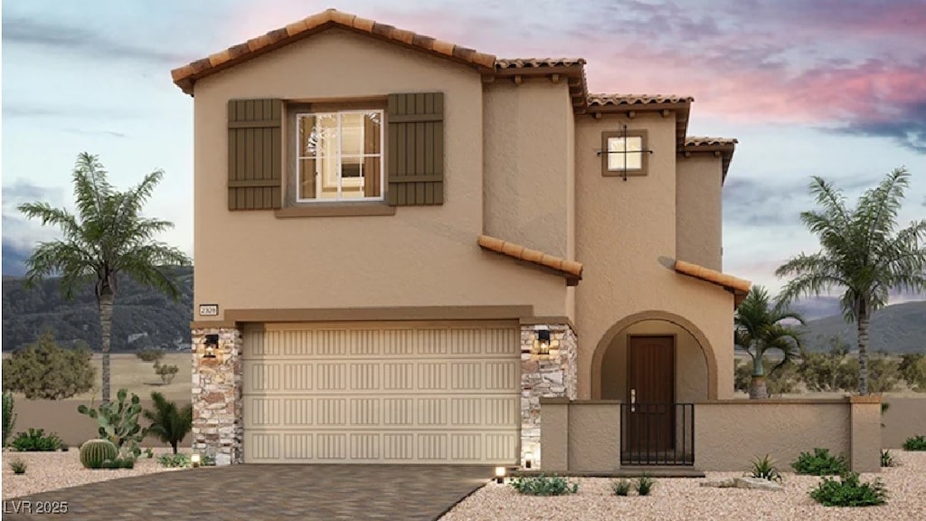 8910 Wallner St, Las Vegas, NV 89166 - mediterranean / spanish-style house with an attached garage, stucco siding, a fenced front yard, and a tile roof
