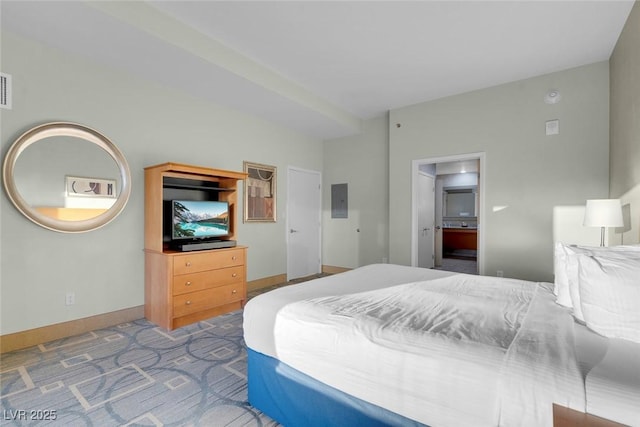 211 E Flamingo Rd Unit 1617, Las Vegas, NV 89169 - bedroom with carpet flooring, electric panel, baseboards, and connected bathroom