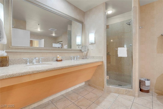 211 E Flamingo Rd Unit 1617, Las Vegas, NV 89169 - bathroom with tile patterned flooring, a shower stall, and double vanity