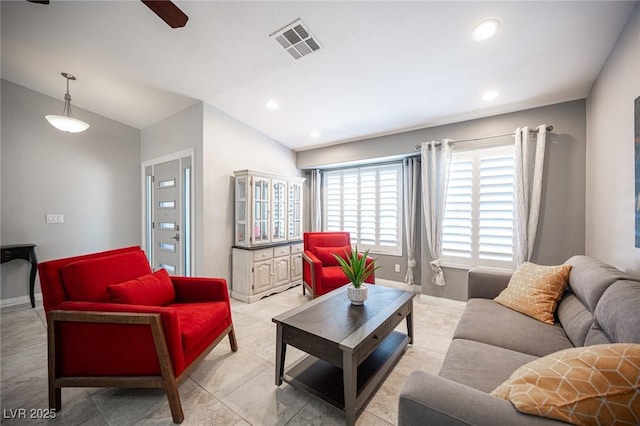 6417 Fisher Ave, Las Vegas, NV 89130 - living area featuring lofted ceiling, ceiling fan, baseboards, and recessed lighting