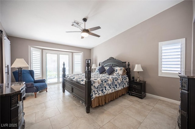 6417 Fisher Ave, Las Vegas, NV 89130 - bedroom featuring access to outside, a ceiling fan, baseboards, and light tile patterned flooring