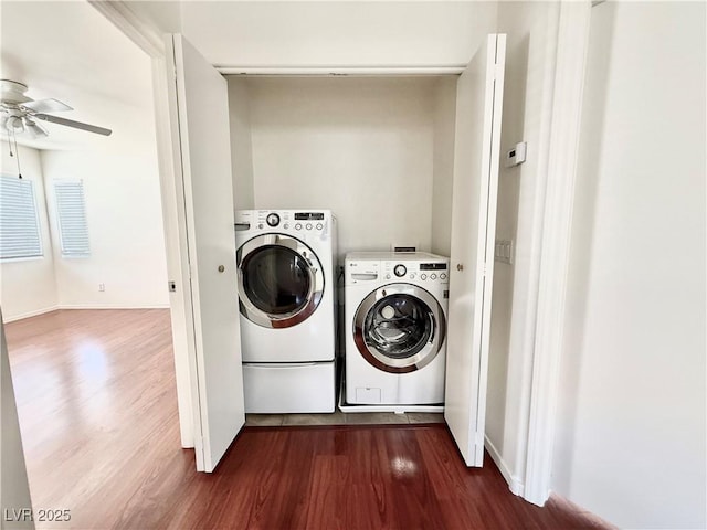 10381 Poker Alice Ct, Las Vegas, NV 89129 - washroom with washer and dryer, ceiling fan, and dark wood-style flooring