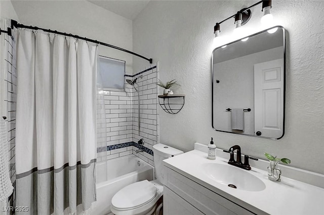 58 Pleasant Dale Dr, Henderson, NV 89074 - bathroom with a textured wall, vanity, shower / tub combo with curtain, and toilet